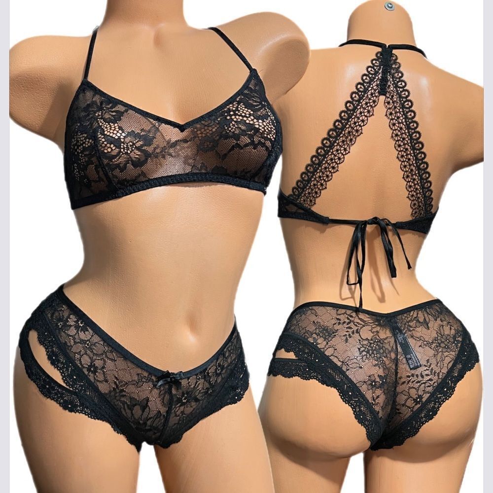 Victoria’s Secret Very Sexy Sheer Lace bralette & Cheekini panty set black M - Picture 2 of 6